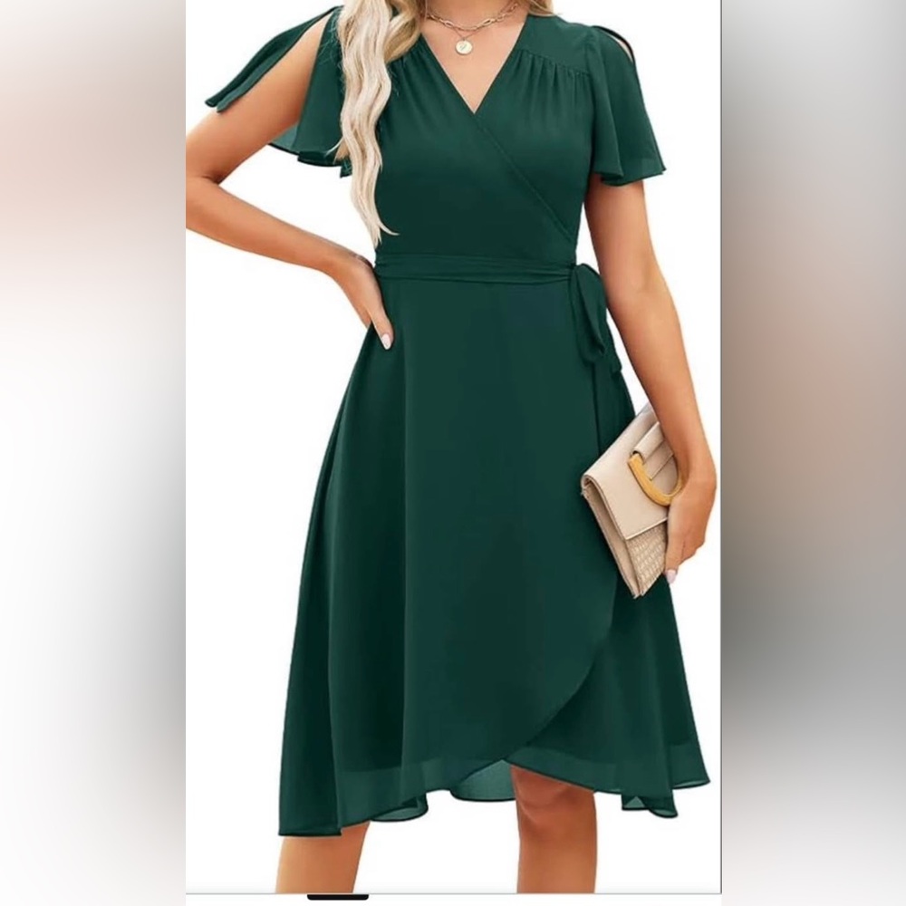 Split Sleeve V Neck Chiffon Wrap Dress